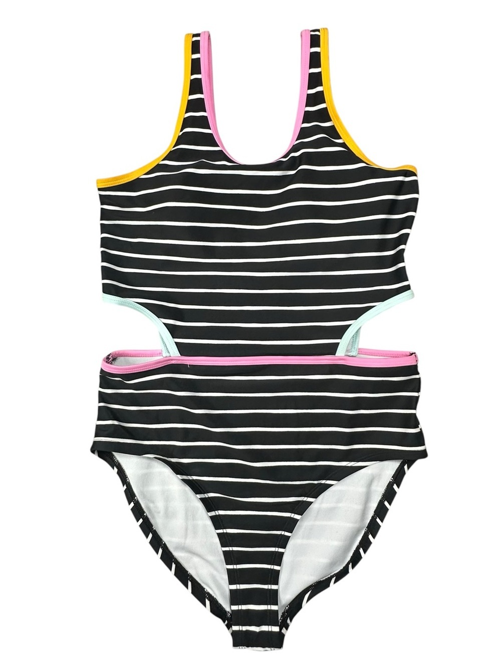 DSG Girls One-Piece Cutout Swimsuit Black & White Stripe Multicolor Trim Size XL